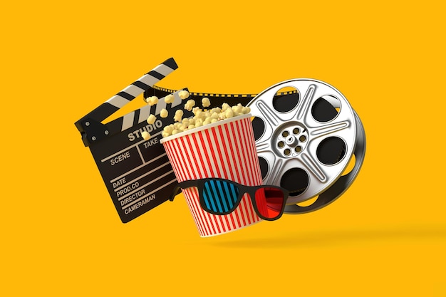 flying popcorn 3d glasses film reel and clapboard on yellow background cinema movie concept 3d